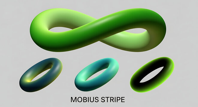 3D rendered infinity mobius strip symbol and circular shapes with infinity geometry abstract mathematics topological conceptual infinite gradient continuous