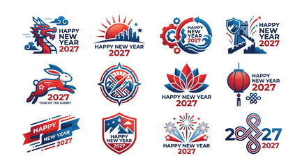 Set of 12 chinese new year 2027 year of the sheep and dragon inspired emblems and badges with celebration illustration template oriental greeting seasonal collection creative © Shaon