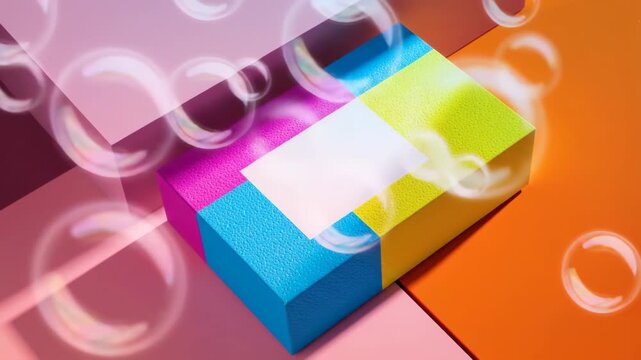 A colorful abstract cube with bubbles floats and sparkles with a playful abstract feeling