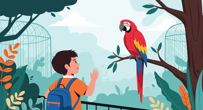 Curious young boy with a blue backpack waving hello to a bright red macaw parrot perched on a branch in a tropical nature sanctuary.