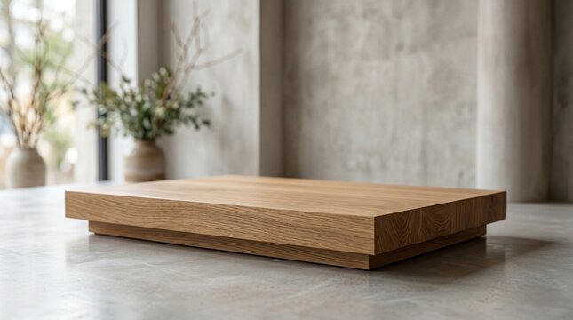 Minimalist wooden platform table on a concrete floor in a modern interior, featuring clean lines and a natural oak finish with a blurred background.