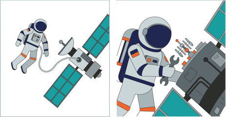 Astronaut Repairing Satellite in Space with Tools and Equipment Featuring Flat Vector, Illustration, Minimalist with Graphic and Spacewalk Elements © Md