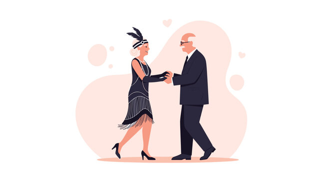 Happy elderly couple dressed in elegant vintage 1920s style outfits dancing together in a festive pink setting.