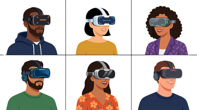 Collection of diverse people experiencing immersive 3d gaming and virtual reality training pngs isolated full focused with transparent background