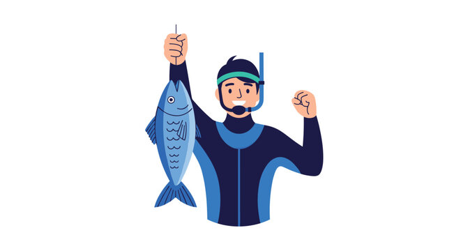Smiling man in a professional diving suit and snorkel gear holding up a large blue fish he caught during a dive.