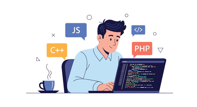 Male software developer sitting at a desk and coding on his laptop with various colorful programming language icons floating around his head.
