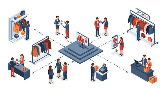 Isometric illustration of a modern retail clothing store with various customers browsing racks, trying on items, and paying at the counter.