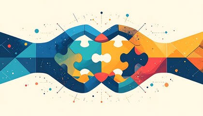 Naklejka premium Interlocked puzzle pieces bridge blue and yellow abstract shapes with colorful dots, lines and geometrical elements