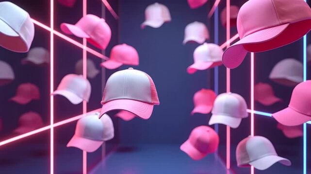 Floating pink and white baseball caps arranged in a visually striking pattern with neon lights illuminating the background in a modern display setting