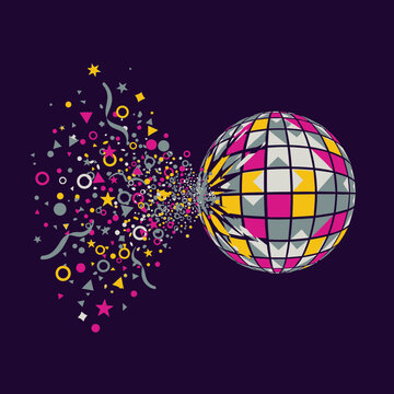 Disco ball exploding with colorful confetti shapes on dark purple background for vibrant party design