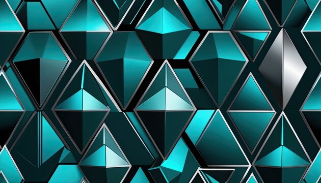 Teal triangular modules forming reflective geometric wall pattern