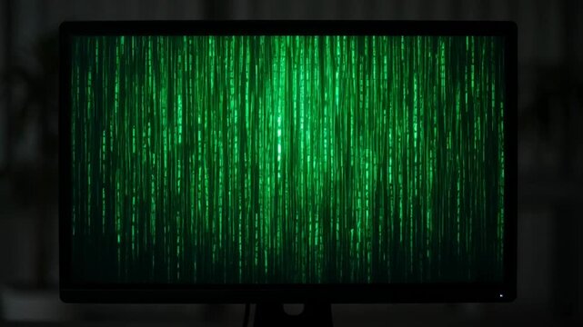 Abstract digital data visualization with green glowing code on dark screen.
