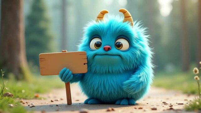 Blue fluffy creature with horns holds a wooden sign while sitting on a forest path surrounded by greenery and soft sunlight filtering through the trees