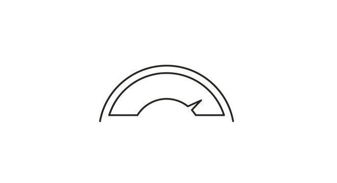 Minimalist black line art vector icon of a speedometer or performance gauge with a needle pointing to a high or maximum level.