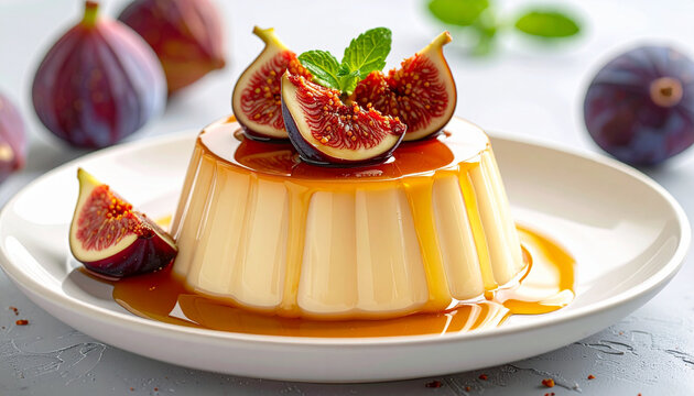 Gourmet Caramel Flan with Fresh Fig Slices and Mint Leaf