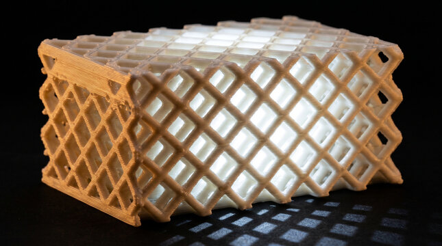 3D printed lattice structure made of white and brown plastic on a black background closeup