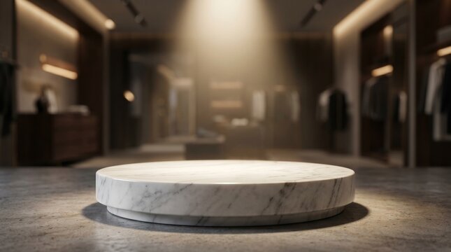 Elegant white marble circular podium spotlighted in a luxurious boutique setting, perfect for high-end product display and commercial presentations.