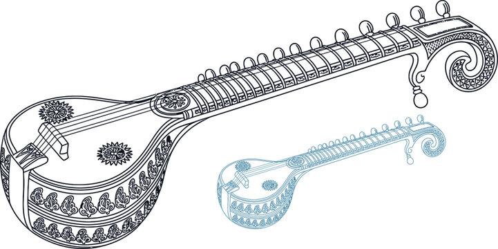 Traditional Indian stringed musical instruments, sitar and veena, vector illustration, black and blue