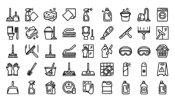Housekeeping and cleaning products outline icon collection with mop broom spray bottle sponge and window cleaning tools vector set