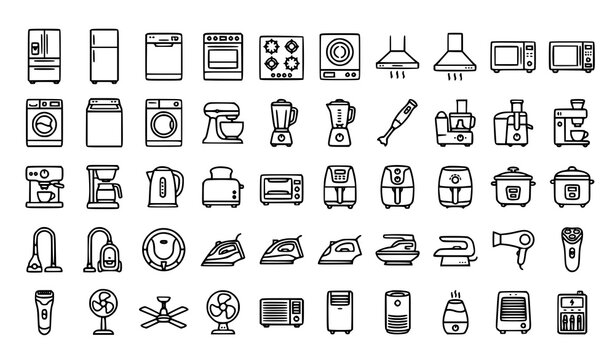Household appliance line icon set with fridge vacuum cleaner oven stove mixer and kitchen electronics vector illustration editable stroke
