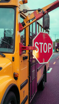 Yellow school bus showing a red stop sign arm extended on a road for student safety awareness, traffic law education and municipal transport campaigns