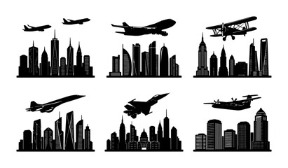 Diverse Aircraft Silhouettes Above City Skylines, Commercial Jets and Biplanes, Modern Architecture Vector Collection © Mehedi