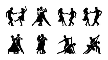 Obraz premium Silhouette Dance Couples Vector Set, Ballroom and Latin Dance Poses, Elegant Movement Illustrations, Romantic Pair Dancing Icons