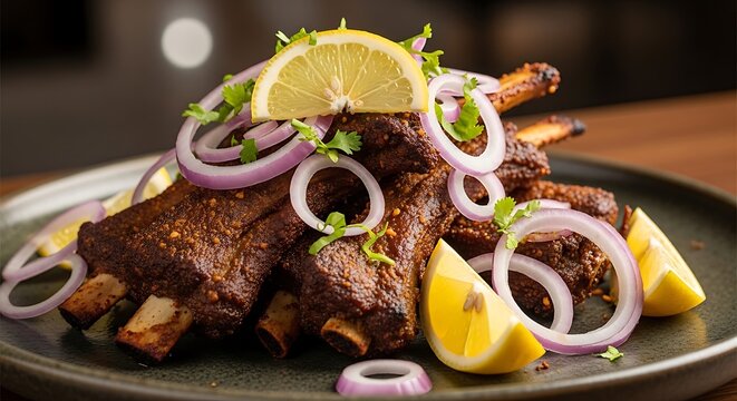 Grilled mutton ribs with onions and lemon garnish on dark plate close-up