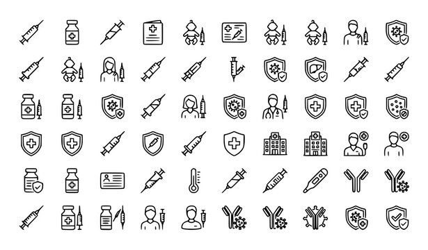 Vaccination and immunization line icon set with syringe vaccine flu hepatitis measles prevention healthcare symbols vector illustration editable stroke