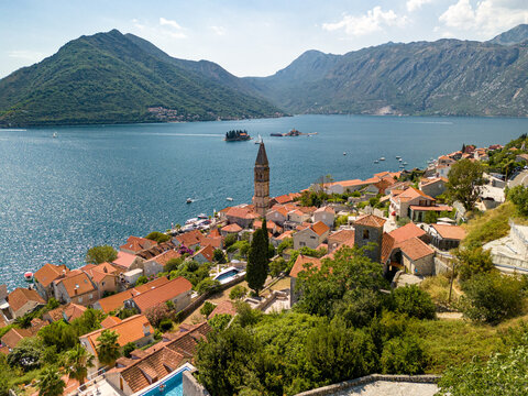 Perast Old town and islands, aerial view in summer, drone shot
