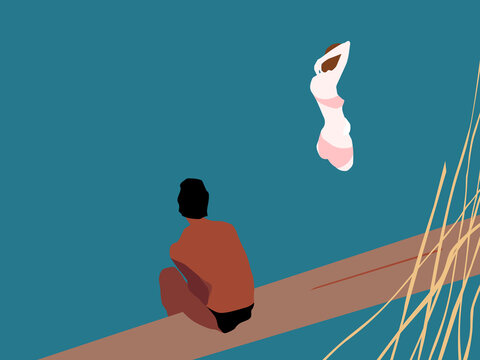 Diverse Couple Relaxing by Lake: Man on Wooden Pier and Woman in Water