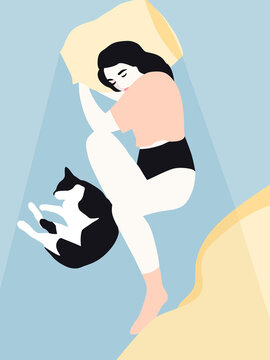 Young Woman Sleeping with her Cat Vector Illustration