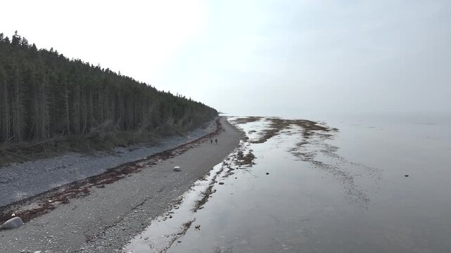 People walks in a Dirt and Stone Road Between the Forest and the River near the Waterfall Known as "Chute &agrave; Boule" in Anticosti Island, Quebec, Canada