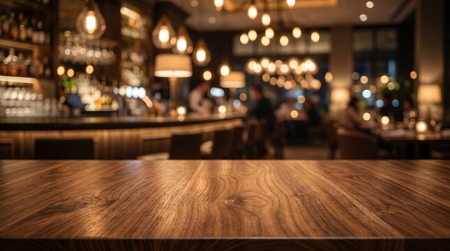 Close-up of a polished wooden tabletop with a blurred bar interior in the background, featuring warm bokeh lights and a cozy evening atmosphere.