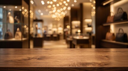 Fototapeta premium Empty wooden table top foreground with a blurred luxury boutique background featuring handbags, warm lighting, and elegant interior design.