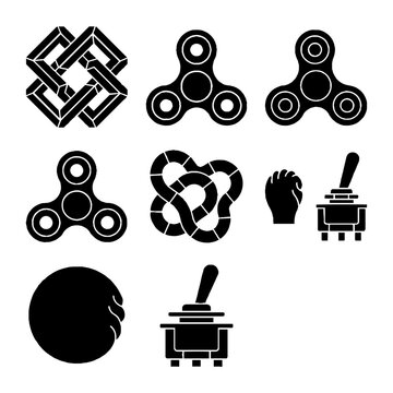 Black silhouette vector icons set featuring fidget spinners, impossible objects, knot shapes, clenched fist, and toggle switches on a clean white background for graphic design