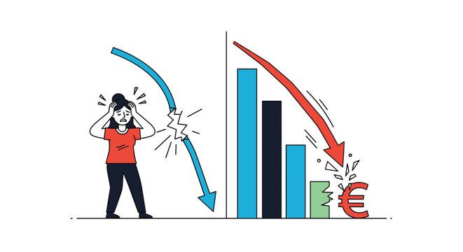 Frustrated woman looking at a falling arrow and crashing bar charts, representing financial loss or an economic crisis scenario.