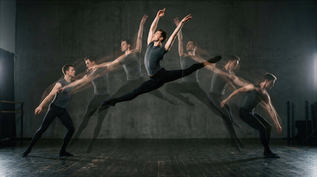 Stroboscopic multiple exposure photography of a male ballet dancer performing a grand jete leap in a dark studio