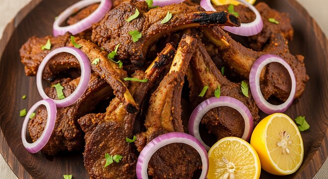 Grilled mutton ribs with onions and lemon garnish on dark plate close-up