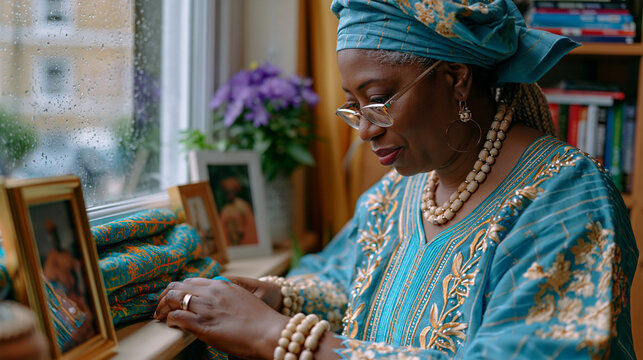 Nigerian diaspora woman in her forties arranges Yoruba ceremonial fabric and ancestral photographs on a shelf in a London apartment, rain streaking the window, blending home cultures into daily life