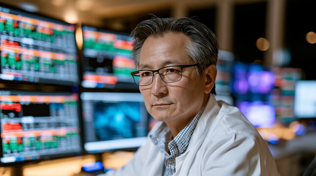 Night-shift pharmacist monitoring remote chronic disease alert dashboard for multiple long-term care patients in telepharmacy operations hub, multiple resident medication profiles flagged with abnor