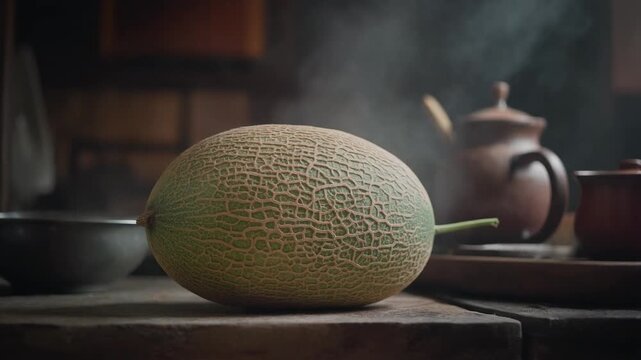 Cantaloupe Melon on Rustic Table with Steam and Teapot Background