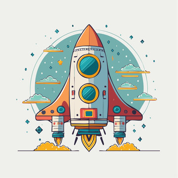 Cartoon Rocket Launching into Space with Clouds and Stars