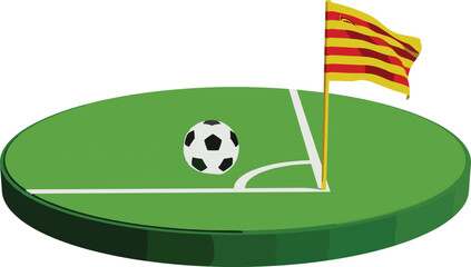 Isometric soccer corner kick field illustration with football and Catalonia flag on flagpole isolated on white background © Mahsina