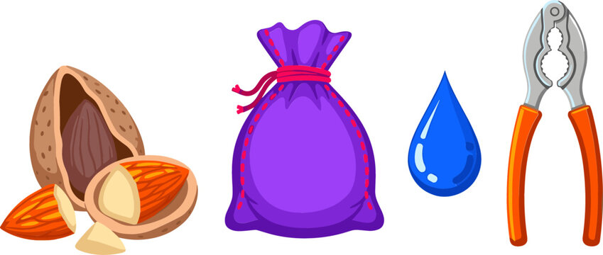 Almond Nuts with Purple Sack Bag Water Drop and Nutcracker Plier Tool Vector Illustration Set Isolated on White Background