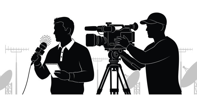 silhouette of a reporter being interviewed with a camera crew on a white background silhouette