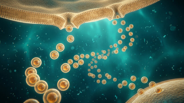 Microscopic view of cells and vesicles in a fluid environment with a blue background