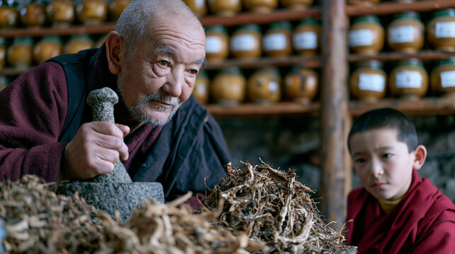 Tibetan herbalist in a monastery apothecary grinds dried roots with a stone pestle, labeled clay jars lining the shelves, a young monk observing closely, traditional medicine practice sustained acro