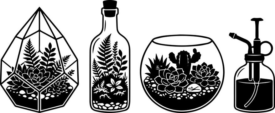 Terrarium and Bottle Garden Silhouette Set &ndash; Glass Jar, Fern, Succulent, Indoor Plant, Botanical Icons