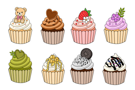 Cute cupcake vector illustration set. Kawaii bakery clipart pack with various sweet muffins, chocolate, strawberry, matcha, and oreo cupcakes.